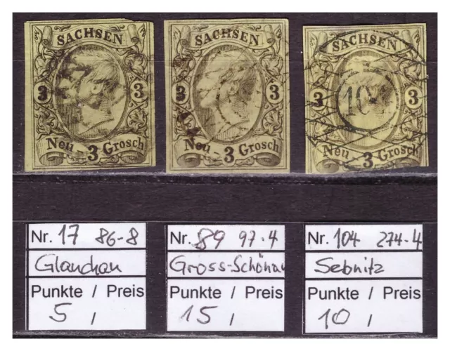 Altdeutschland, Sachsen, Sammlung von 3x Nummern- Stempel auf MiNr. 11
