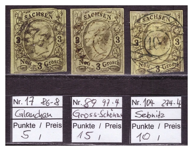 Altdeutschland, Sachsen, Sammlung von 3x Nummern- Stempel auf MiNr. 11