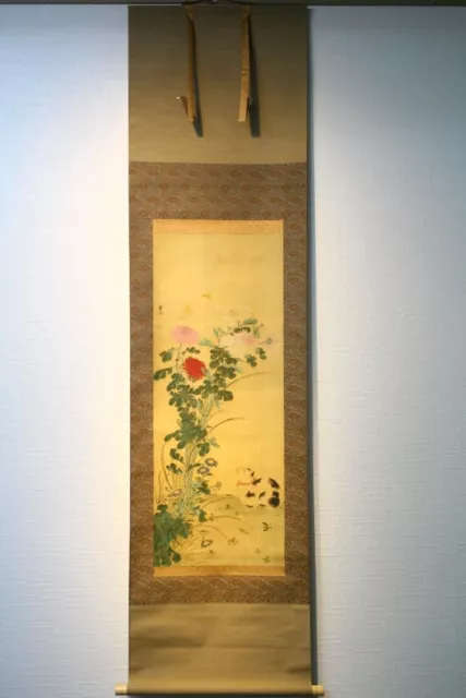 Antique Kakejiku Hanging Wall Scroll Cats Art Signed Japanese Haruki Nanmei Edo