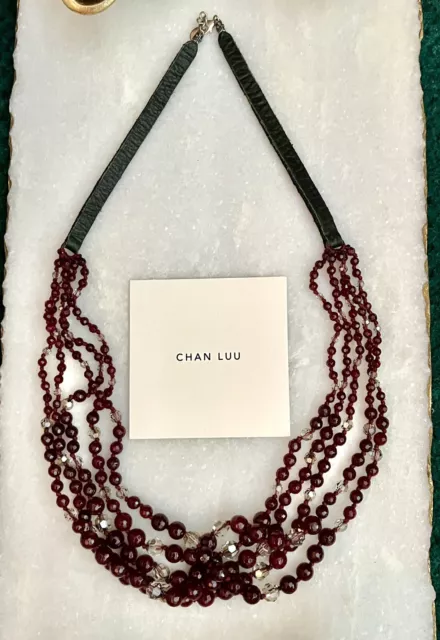 $265 Chan Luu Garnet Crystal Leather Mix Vintage 5-layer Necklace ~ Boho Chic!