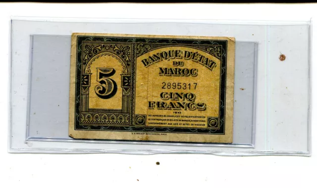 Morocco 5 Francs 1943 Vf Nr 4.25