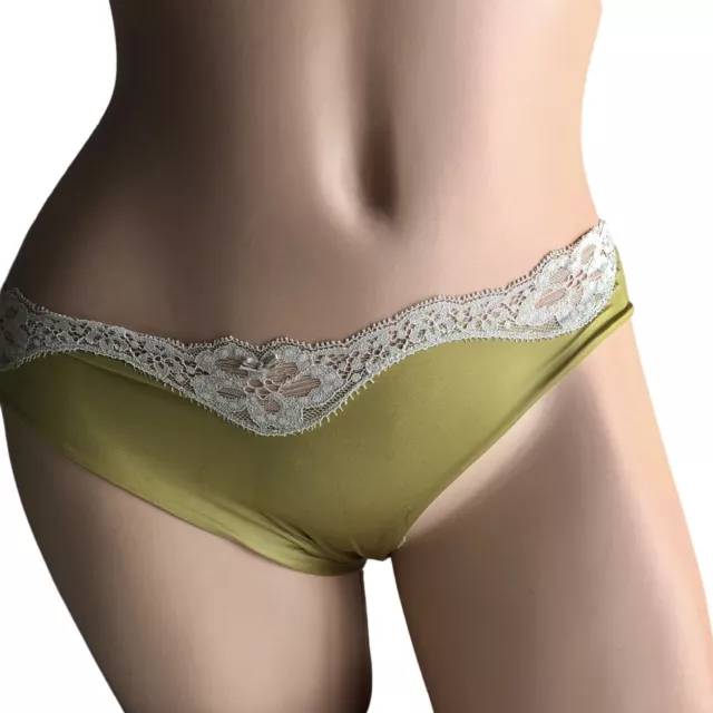 Womens Panties Size Large Silky Green Stretch Bikini Lace Trim