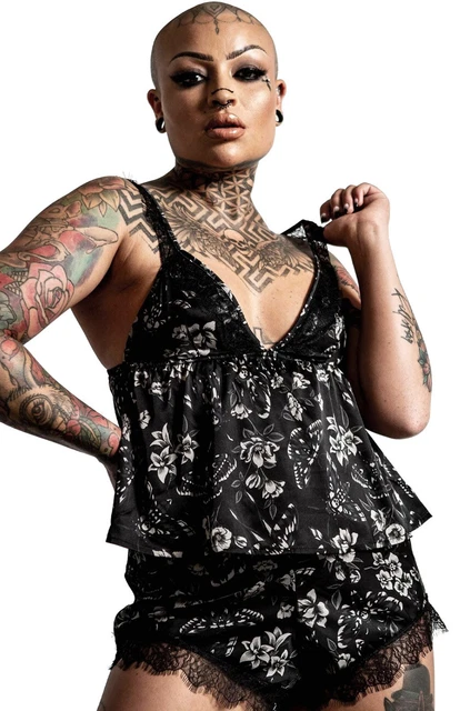 Ensemble pyjama noir motif floral et dentelle, Moth To Flame KILLSTAR goth casua