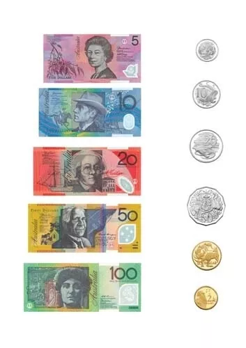 Australian Play Money Coins and Notes 41 Pieces 10 x 4 Pieces and 1 x $100 Note