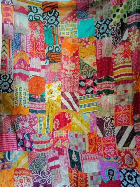 Vintage Patchwork Kantha Bedspread Indian Handmade Quilt Throw Cotton Blanket