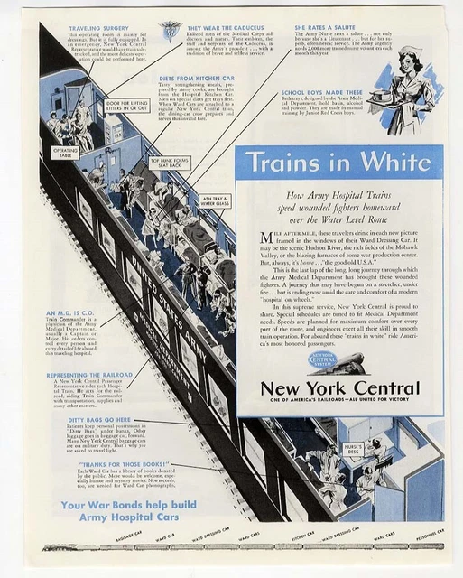ARMY HOSPITAL TRAINS WWII New York Central Ad 1944 Surgery Room