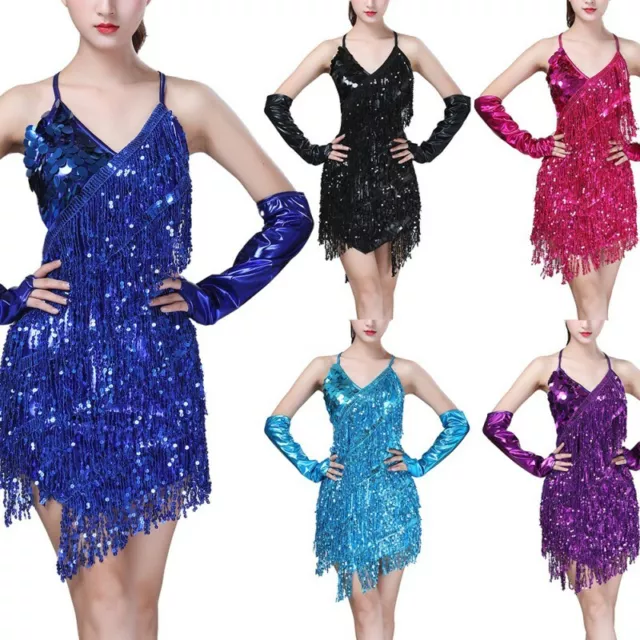 Women's Sequin Fringe Tassels Ballroom Samba Tango Latin Dance Dress Costumes