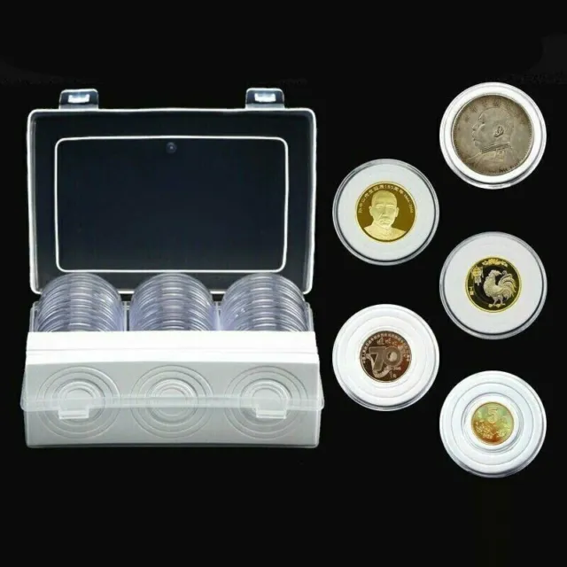 Plastic Clear Round Coin Storage Cases 30pcs Box Set for 16mm~46mm Coins