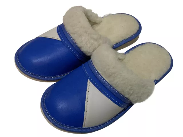 Royal Blue Real Leather Sheepskin Fluffy Women Lady slippers mules sizes 3 - 9