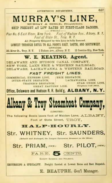 Business Directory Ad Albany NY Troy bateau à vapeur Murray's Line bateaux canal 1892