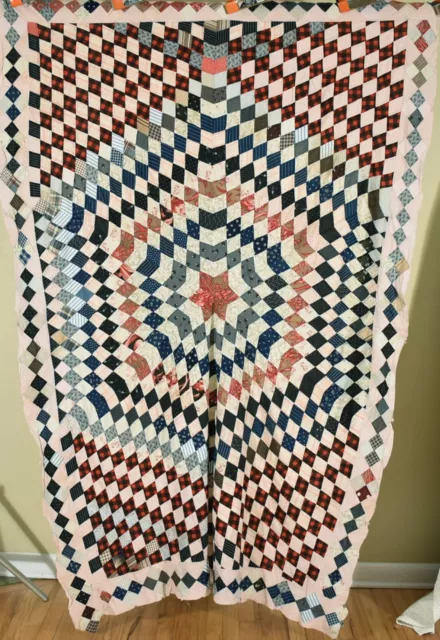 Vibrant Vintage 1890's Lone Star / Starburst Antique Quilt Top, Diamond Border!