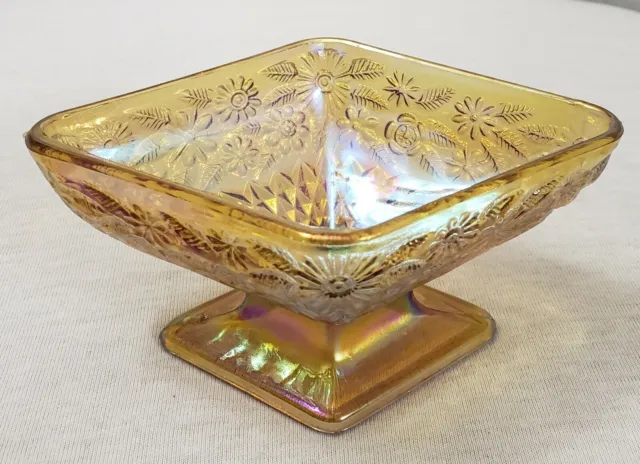 Vintage Indiana Amber Carnival Glass Pedestal Diamond Shaped Candy Dish Bowl EVC