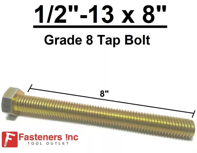 1/2-13 x 8" (FT) Hex Tap Bolt Yellow Zinc Plated Grade 8 Cap Screw Coarse Thread