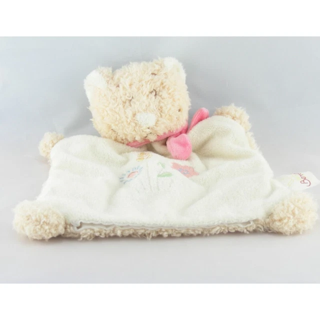 Doudou plat marionnette chat ours beige blanc rose fleurs BENGY - 8837