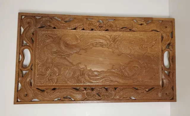 Vintage Asian Hand Carved Wood Tray Dragon Design
