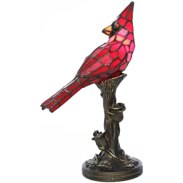 Bird Table Lamp Tiffany Style Red Cardinal Stained Glass Accent Light Gift
