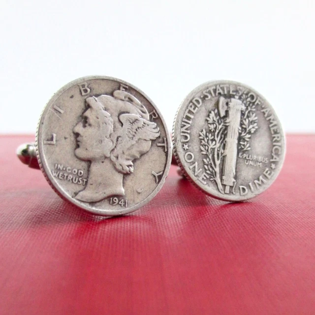 Mercury Dime Coin Cuff Links Repurposed Vintage USA Detailed Coins Front & Back Mercury Dime Coin Cuff Links Repurposed Vintage USA Detailed Coins Front & Back