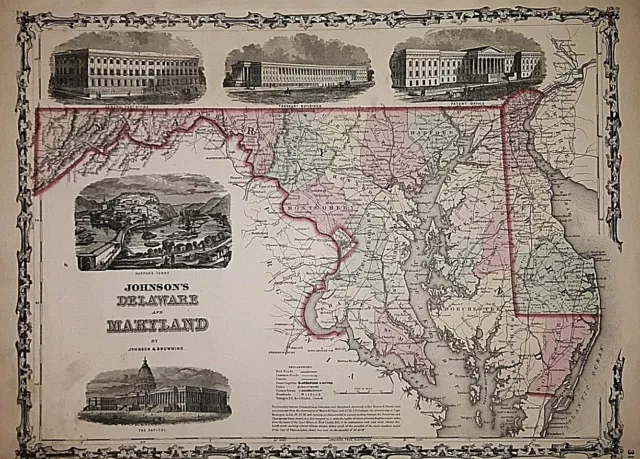 Old 1861 Johnson Atlas Map ~ MARYLAND - DELAWARE ~ WASHINGTON, BALTIMORE