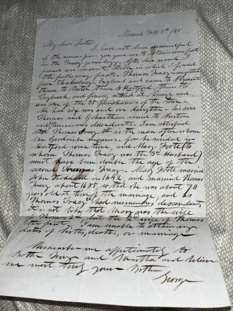 1848 Genealogy Letter Regarding Original Purchaser Of Norwich CT - Plymouth MA