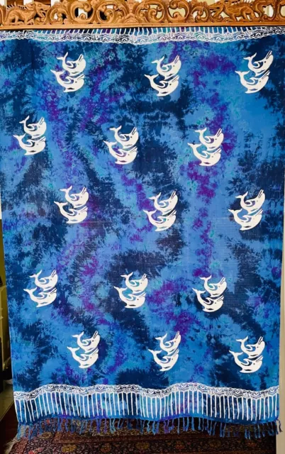 Bali  Fringed Batik Cotton Sarong Blue Purple Dye Porpoises in Pairs 64"X45"