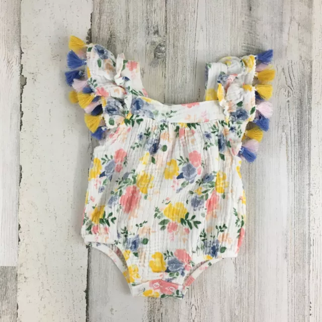 Mud Pie Baby Girls Watercolor Floral Gauze Tassel Fringe Romper Bubble 3 6 M