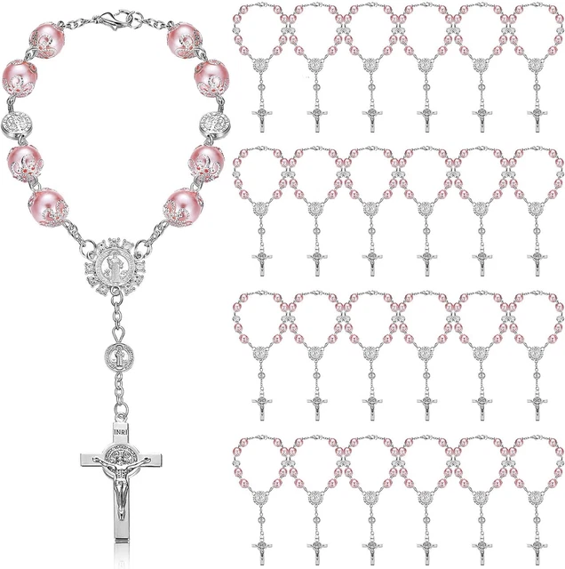 24 Pieces Baptism Rosary Pink Glass Rosary Beads Finger Baptism Rosaries Faux Pe