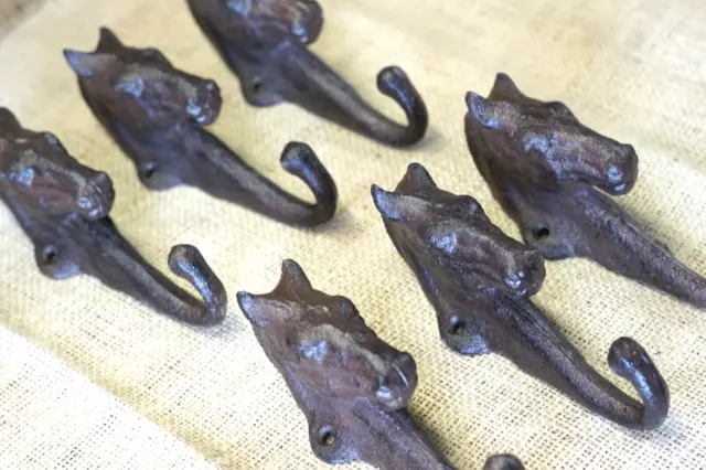 6 Horse Head Key Hooks Towel Hat Coat Hanger Rustic Cast Iron Antique Style Farm