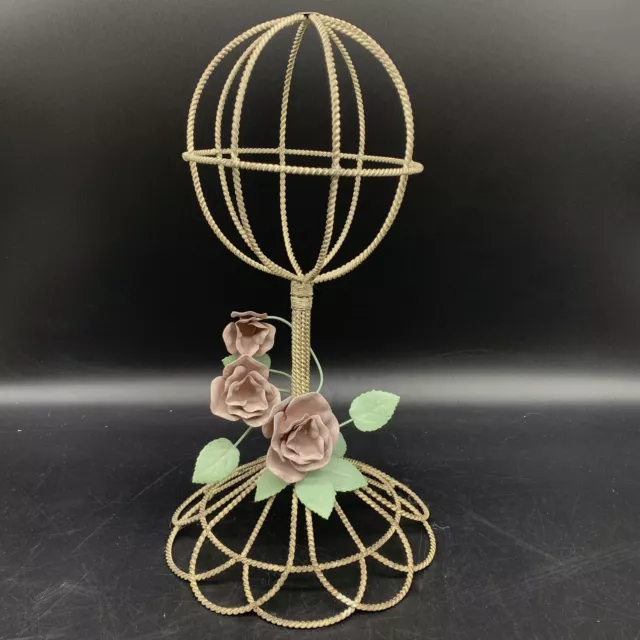 VTG 1950s Twisted Boho Wire Metal 15.5" Hat Display Stand w/ Pink Rose Flowers