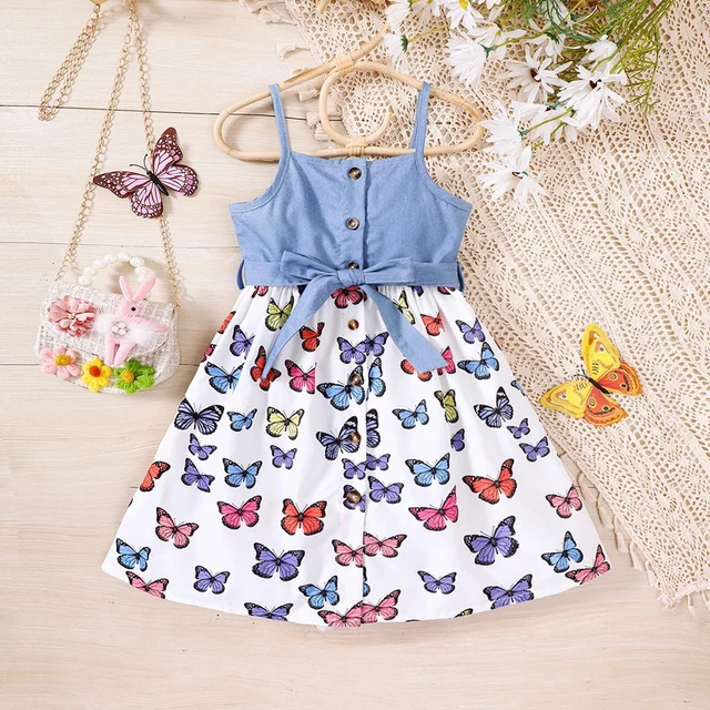 Children's New Products Girls Summer Suspenders Stitching Butterfly Print Dress
