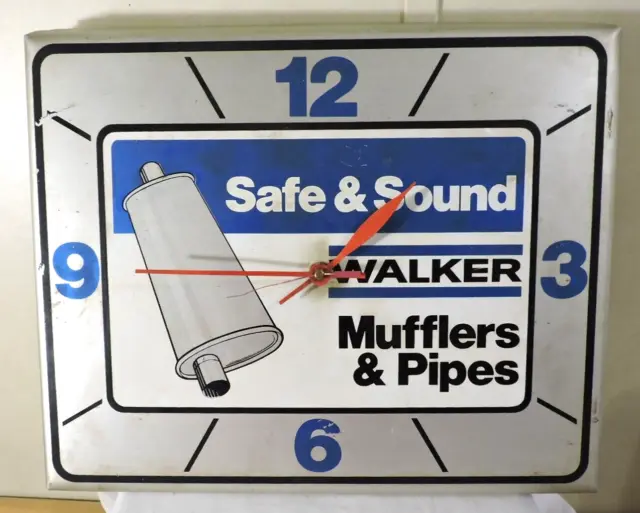 VINTAGE Walker Mufflers Pipes Safe Sound Advertising Sign Metal Wall Clock Works