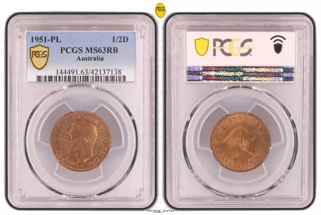 PCGS 1951-PL Half Penny Australia MS63RB CHOICE UNC Level-1 Investment Coin 🤓🧐