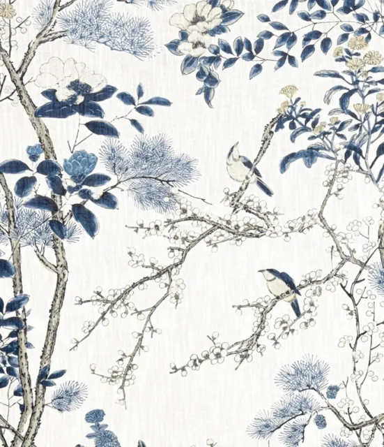 Thibaut Curtain Fabric 'KATSURA' 2 METRES BLUE/WHITE Linen Mix