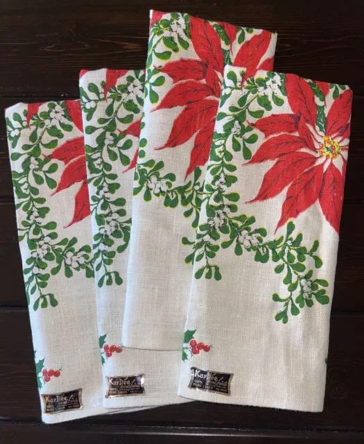 Kay Dee Vintage Christmas 100% Linen Kitchen Tea Towels Poinsettia Set 4 New MCM