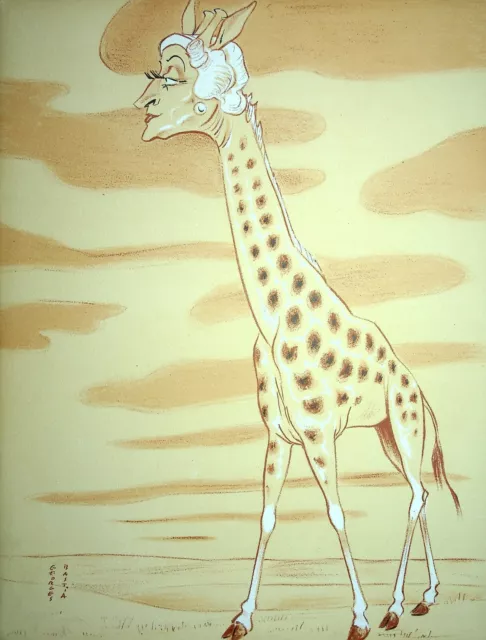 [Caricatura] Georges Bastia: Françoise Rosay , Giraffa - Litografia Autografata