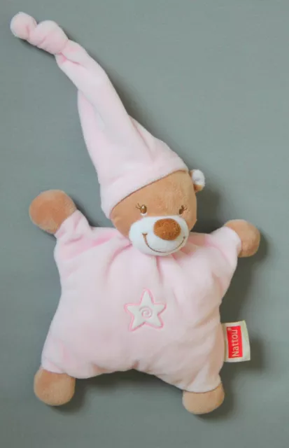 Doudou Ours Semi Plat Marron Rose  Etoile Grelot  Nattou Etat Neuf