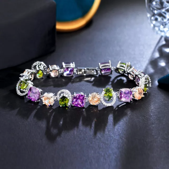 CZ Amerian Crystal Bracelet Cubic Zirconia Women Silver Plated Tennis Multicolor