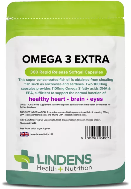 Omega 3 Fischöl Extra (55% DHA/EPA) 1000 mg - 360 Kapseln - [Lindens 4357]