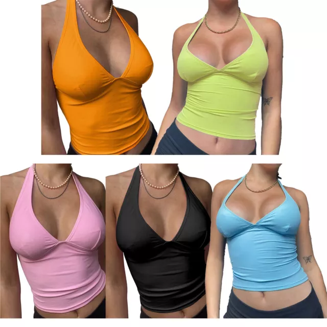 Womens Tops Deep V Neck Halter Vest Blouse Sexy T-Shirt Solid Color Crop Top