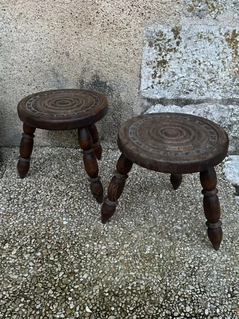 Matching Pair Of Antique French Rustic 3-legged Carved Button Seat Bobbin Stools