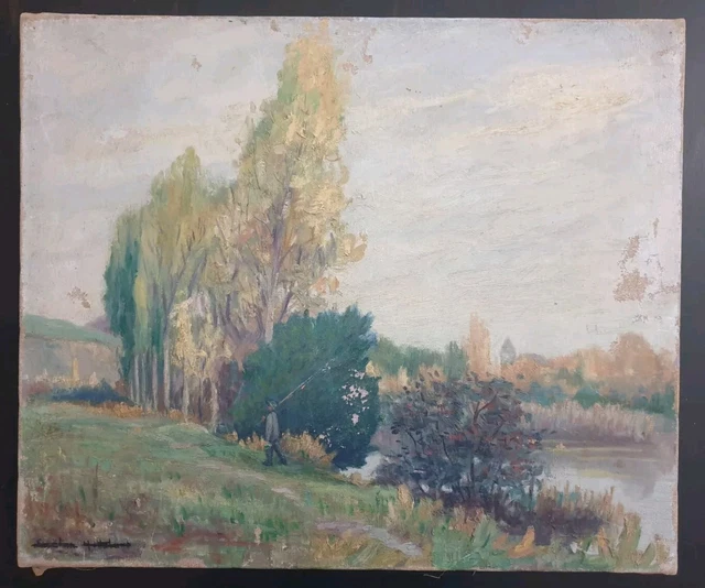TABLEAU SIGNÉ PAYSAGE Animé Peinture huile sur toile. A Restaurer. EUR