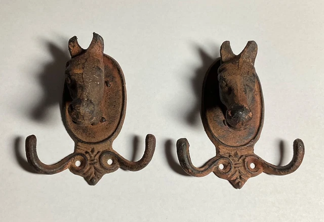 2x Vintage Cast Iron Horse Head Double Hook Wall/Door Hanger