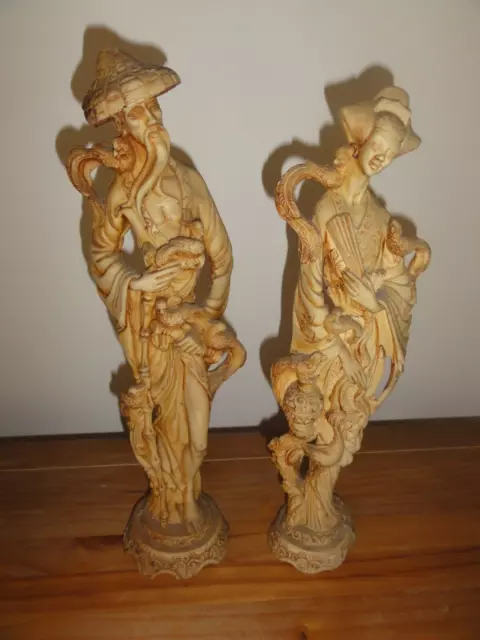 Vintage Pair Of Heavy Oriental Japanese Resin Sculpture Figurines Man & Lady