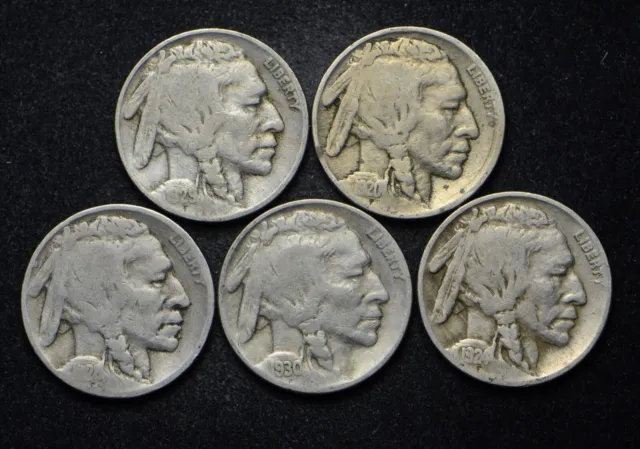 1920, 1924, 1928-D, 1929, 1930-S Buffalo Nickels 5 Piece Lot (bb10860)