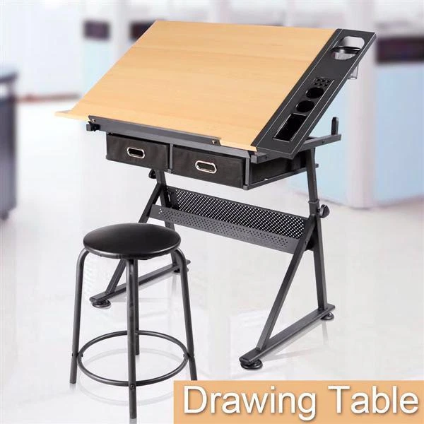 Table à Dessin Inclinable et Tabouret Table de Travail Table d'artiste Avec 2 tiroirs de