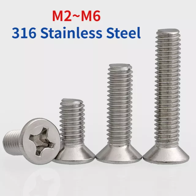 316 Stainless Steel Phillips Cross Countersunk Head / Flat Head Screws M2-M6