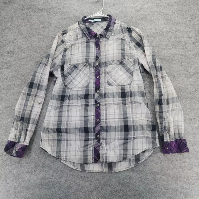 Maurices Shirt Womens Size Medium Button Up Roll Tab Sleeve Gray Purple Plaid