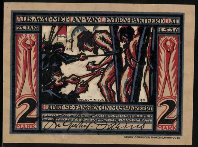 Notgeld Münster i. W. 1921, 2 Mark, Alls wat metian van Leyden pakteert dat häb