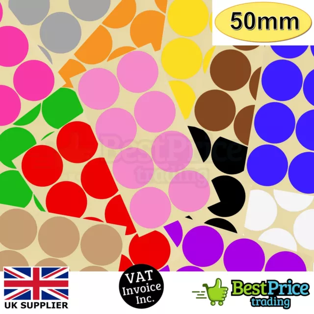 16 x 50mm Coloured DOT STICKERS Round Sticky Adhesive Spot Circles Paper Labels
