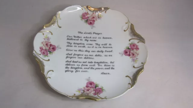 Vintage Decorative Plate THE LORD'S PRAYER 18K Gold Trim, Japan, Pink Roses 8"