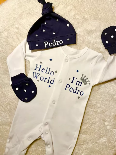 Personalised Hello World Baby Grow Hat Hospital Outfit VARIOUS COLOURS Girl Boy